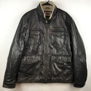 Levi’s Faux Leather Brown Sherpa Lined Trucker Motorcycle Bomber Jacket Mens XL